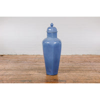 Tall Blue Glaze Lidded Hexagonal Vase with Crackle Finish, Vintage