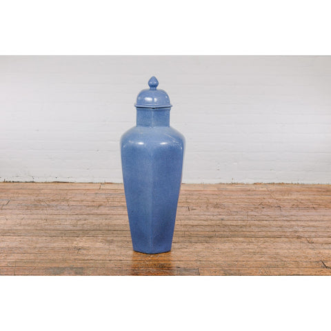 Tall Blue Glaze Lidded Hexagonal Vase with Crackle Finish, Vintage-YN7799-14. Asian & Chinese Furniture, Art, Antiques, Vintage Home Décor for sale at FEA Home