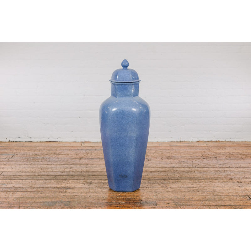 Tall Blue Glaze Lidded Hexagonal Vase with Crackle Finish, Vintage-YN7799-15. Asian & Chinese Furniture, Art, Antiques, Vintage Home Décor for sale at FEA Home
