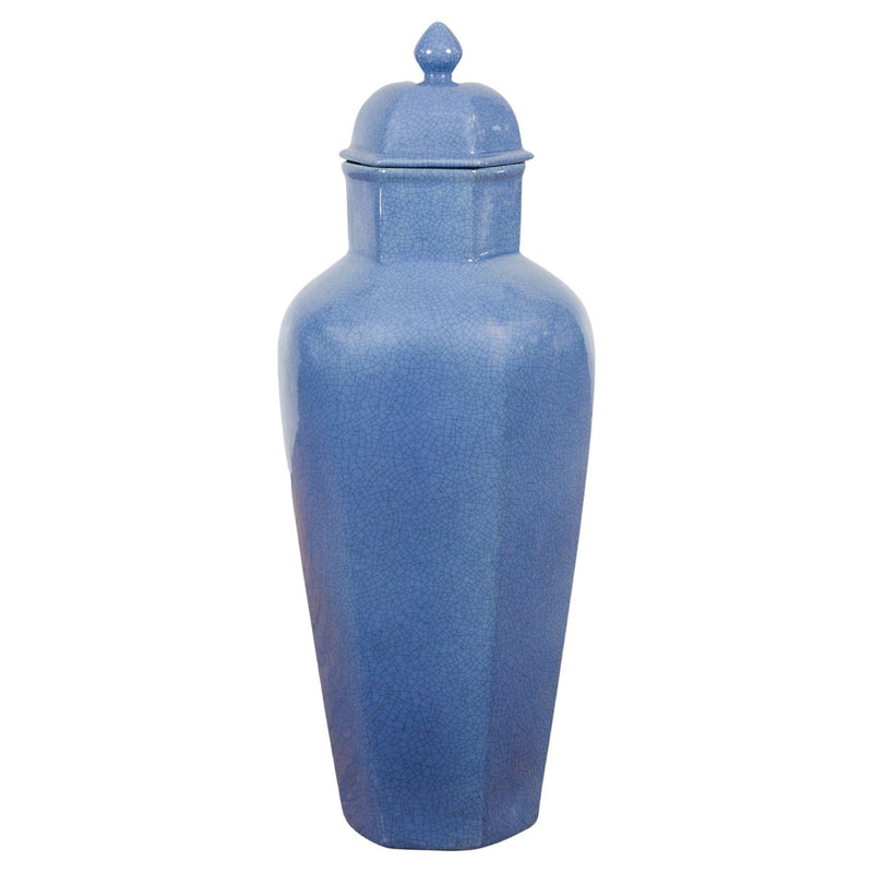 Tall Blue Glaze Lidded Hexagonal Vase with Crackle Finish, Vintage-YN7799-1. Asian & Chinese Furniture, Art, Antiques, Vintage Home Décor for sale at FEA Home
