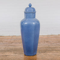 Tall Blue Glaze Lidded Hexagonal Vase with Crackle Finish, Vintage