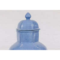 Tall Blue Glaze Lidded Hexagonal Vase with Crackle Finish, Vintage