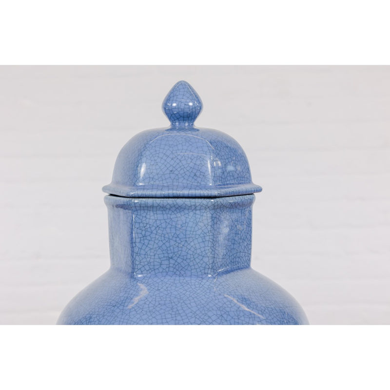 Tall Blue Glaze Lidded Hexagonal Vase with Crackle Finish, Vintage-YN7799-4. Asian & Chinese Furniture, Art, Antiques, Vintage Home Décor for sale at FEA Home