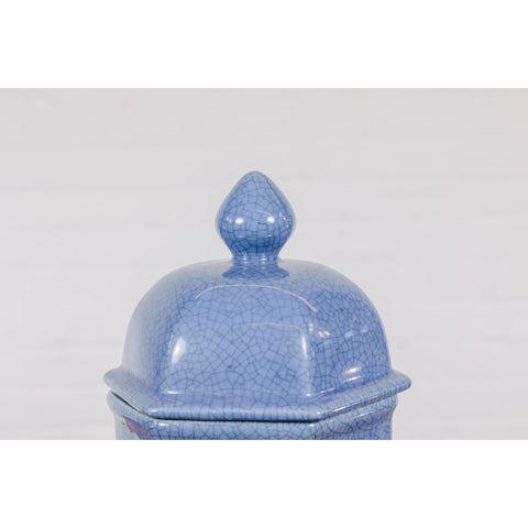 Tall Blue Glaze Lidded Hexagonal Vase with Crackle Finish, Vintage-YN7799-5. Asian & Chinese Furniture, Art, Antiques, Vintage Home Décor for sale at FEA Home