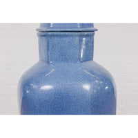 Tall Blue Glaze Lidded Hexagonal Vase with Crackle Finish, Vintage