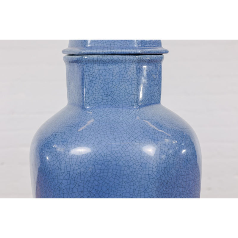 Tall Blue Glaze Lidded Hexagonal Vase with Crackle Finish, Vintage-YN7799-6. Asian & Chinese Furniture, Art, Antiques, Vintage Home Décor for sale at FEA Home