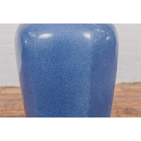 Tall Blue Glaze Lidded Hexagonal Vase with Crackle Finish, Vintage