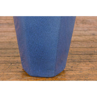 Tall Blue Glaze Lidded Hexagonal Vase with Crackle Finish, Vintage