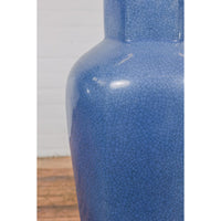 Tall Blue Glaze Lidded Hexagonal Vase with Crackle Finish, Vintage