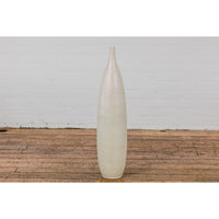 Subtle Ivory Color Tall Vase with Raised Scrolling Motifs and Narrow Mouth