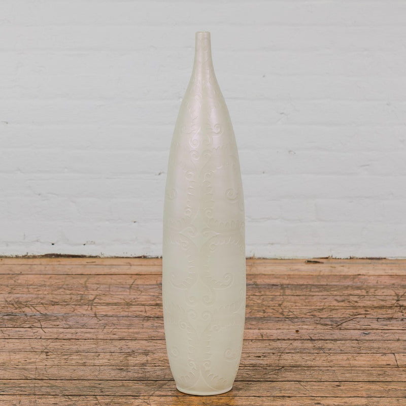 Subtle Ivory Color Tall Vase with Raised Scrolling Motifs and Narrow Mouth-YN7804-12. Asian & Chinese Furniture, Art, Antiques, Vintage Home Décor for sale at FEA Home