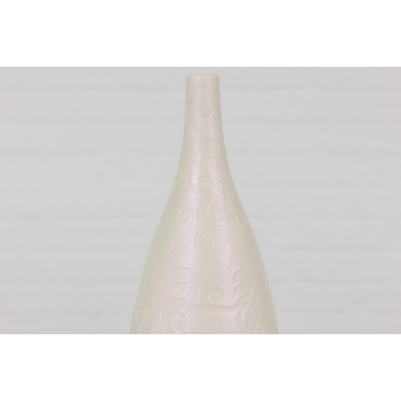 Subtle Ivory Color Tall Vase with Raised Scrolling Motifs and Narrow Mouth-YN7804-3. Asian & Chinese Furniture, Art, Antiques, Vintage Home Décor for sale at FEA Home
