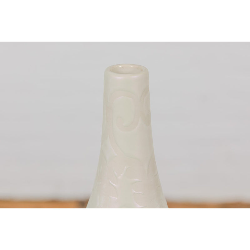 Subtle Ivory Color Tall Vase with Raised Scrolling Motifs and Narrow Mouth-YN7804-9. Asian & Chinese Furniture, Art, Antiques, Vintage Home Décor for sale at FEA Home