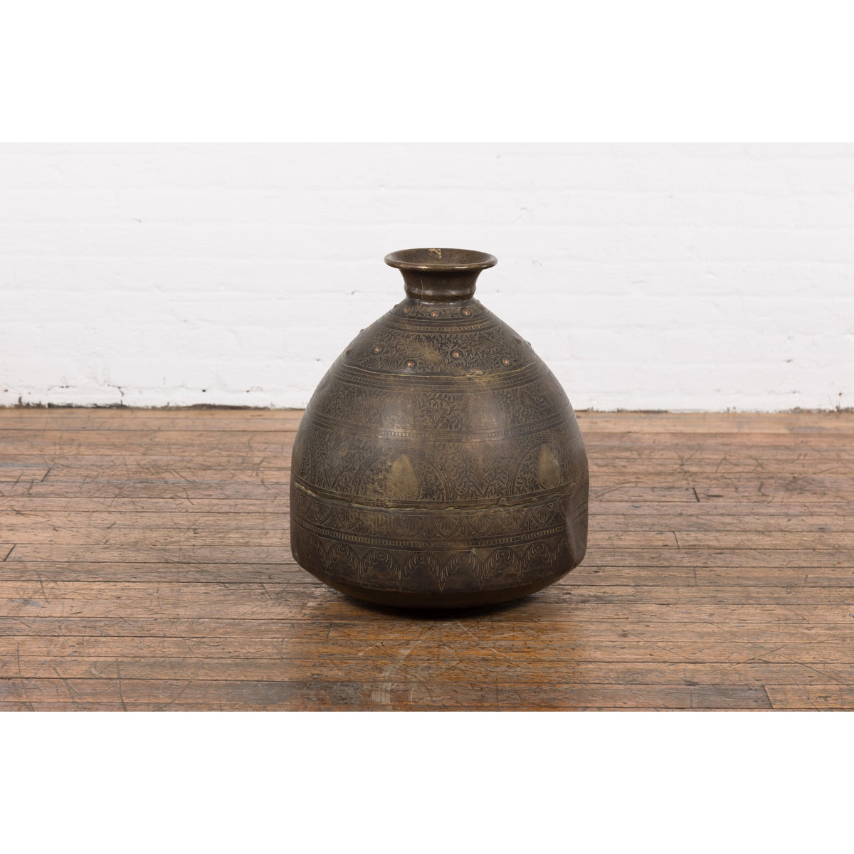 19th Century Brass Vessel with Abundant Etched Foliage Décor-12. Asian &amp; Chinese Furniture, Art, Antiques, Vintage Home Décor for sale at FEA Home