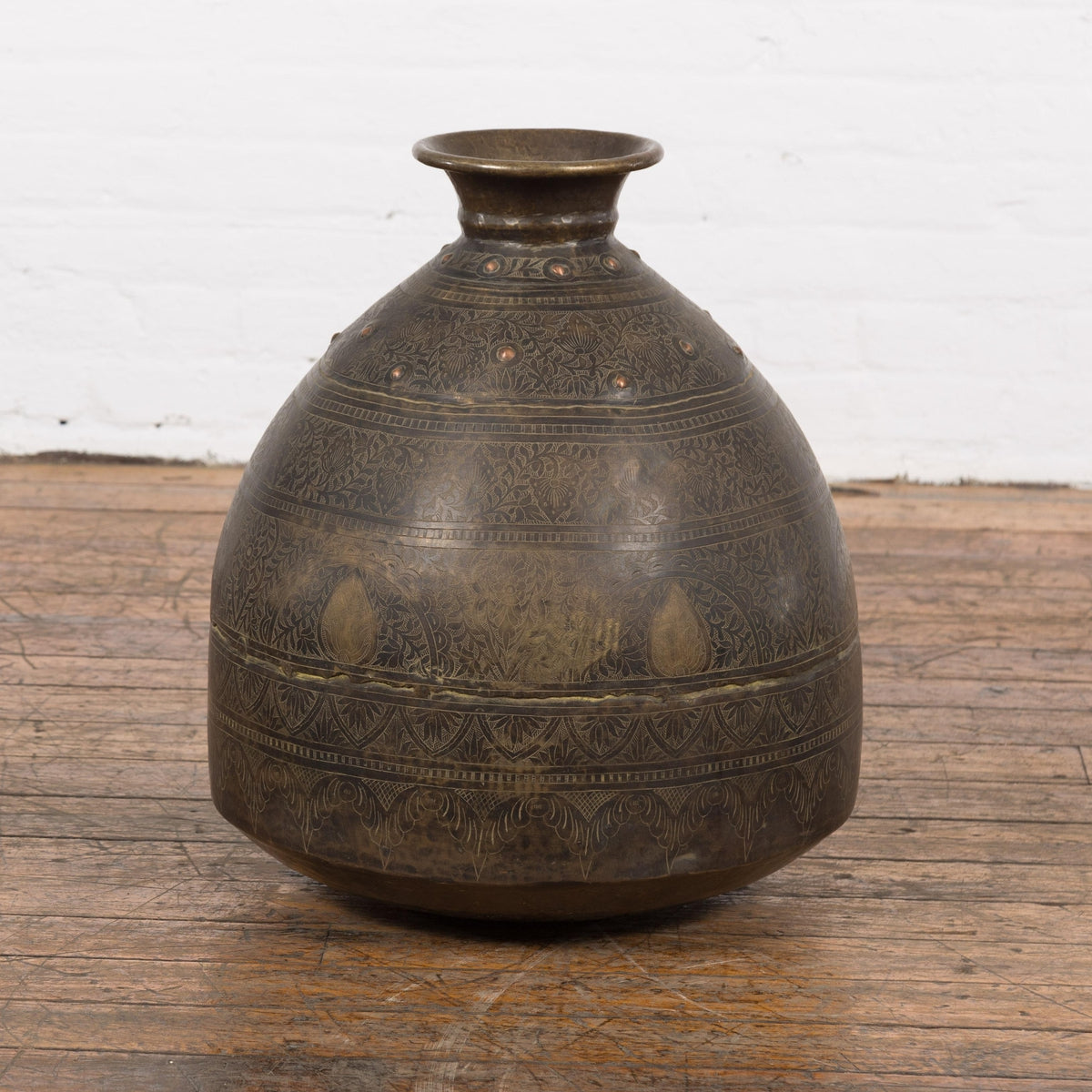 19th Century Brass Vessel with Abundant Etched Foliage Décor-13. Asian &amp; Chinese Furniture, Art, Antiques, Vintage Home Décor for sale at FEA Home
