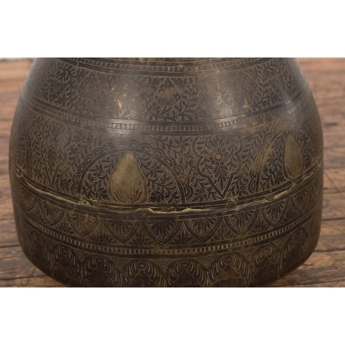 19th Century Brass Vessel with Abundant Etched Foliage Décor-6. Asian &amp; Chinese Furniture, Art, Antiques, Vintage Home Décor for sale at FEA Home