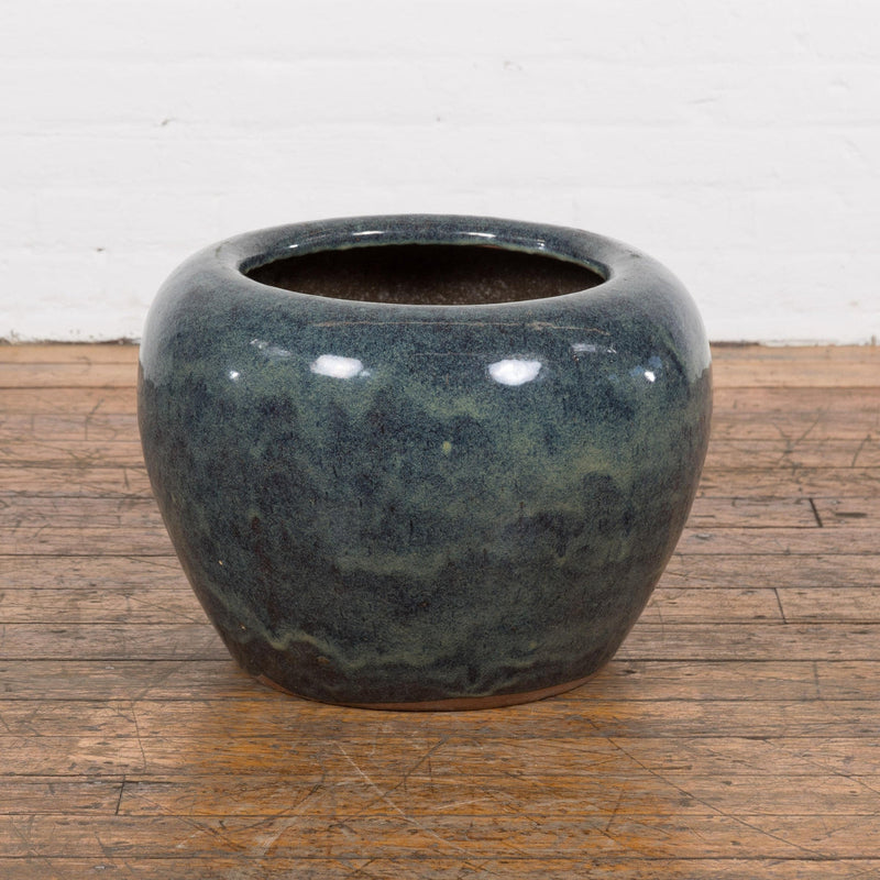 Vintage Blue Ceramic Circular Planter with Subtle Wave Patterns-YN7808-11. Asian & Chinese Furniture, Art, Antiques, Vintage Home Décor for sale at FEA Home