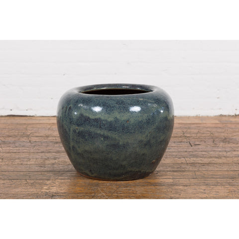 Vintage Blue Ceramic Circular Planter with Subtle Wave Patterns-YN7808-12. Asian & Chinese Furniture, Art, Antiques, Vintage Home Décor for sale at FEA Home