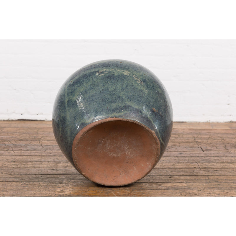 Vintage Blue Ceramic Circular Planter with Subtle Wave Patterns-YN7808-13. Asian & Chinese Furniture, Art, Antiques, Vintage Home Décor for sale at FEA Home