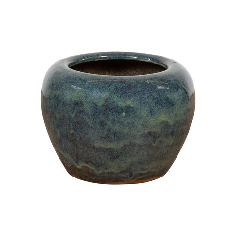 Vintage Blue Ceramic Circular Planter with Subtle Wave Patterns-YN7808-14. Asian & Chinese Furniture, Art, Antiques, Vintage Home Décor for sale at FEA Home