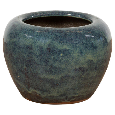 Vintage Blue Ceramic Circular Planter with Subtle Wave Patterns-YN7808-1. Asian & Chinese Furniture, Art, Antiques, Vintage Home Décor for sale at FEA Home