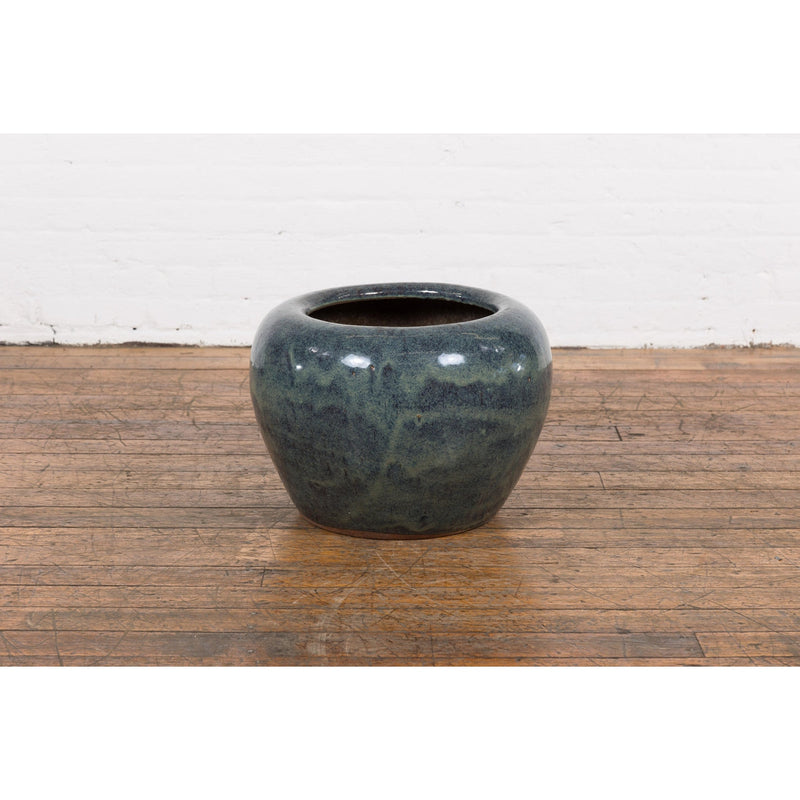 Vintage Blue Ceramic Circular Planter with Subtle Wave Patterns-YN7808-3. Asian & Chinese Furniture, Art, Antiques, Vintage Home Décor for sale at FEA Home