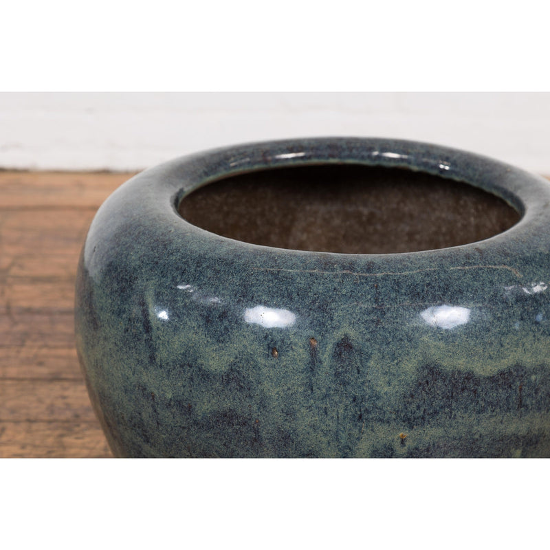Vintage Blue Ceramic Circular Planter with Subtle Wave Patterns-YN7808-4. Asian & Chinese Furniture, Art, Antiques, Vintage Home Décor for sale at FEA Home