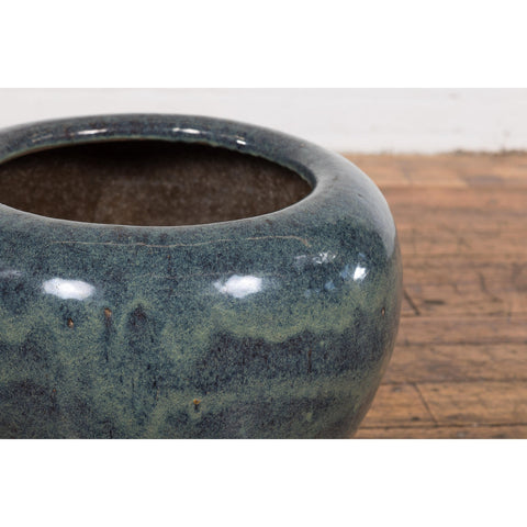 Vintage Blue Ceramic Circular Planter with Subtle Wave Patterns-YN7808-5. Asian & Chinese Furniture, Art, Antiques, Vintage Home Décor for sale at FEA Home