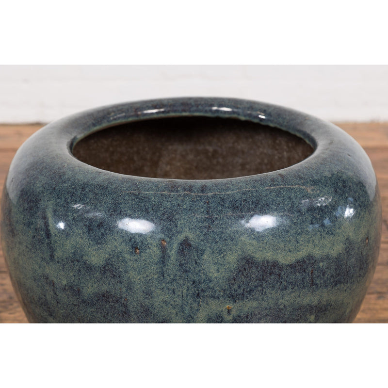 Vintage Blue Ceramic Circular Planter with Subtle Wave Patterns-YN7808-6. Asian & Chinese Furniture, Art, Antiques, Vintage Home Décor for sale at FEA Home