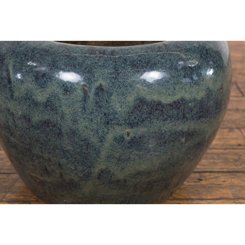 Vintage Blue Ceramic Circular Planter with Subtle Wave Patterns-YN7808-7. Asian & Chinese Furniture, Art, Antiques, Vintage Home Décor for sale at FEA Home