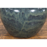 Vintage Blue Ceramic Circular Planter with Subtle Wave Patterns