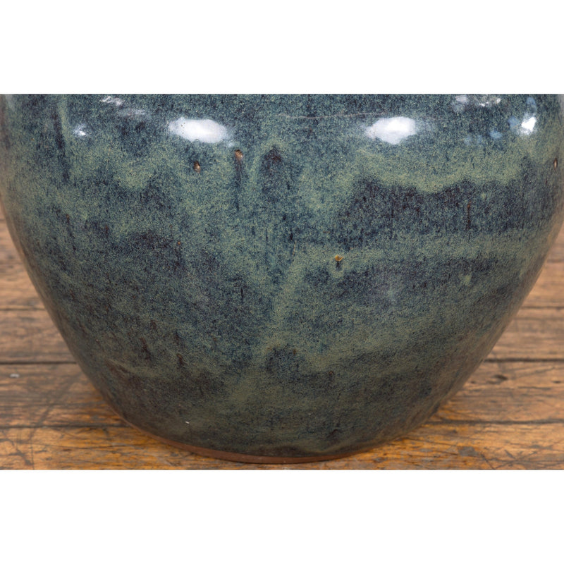 Vintage Blue Ceramic Circular Planter with Subtle Wave Patterns-YN7808-9. Asian & Chinese Furniture, Art, Antiques, Vintage Home Décor for sale at FEA Home