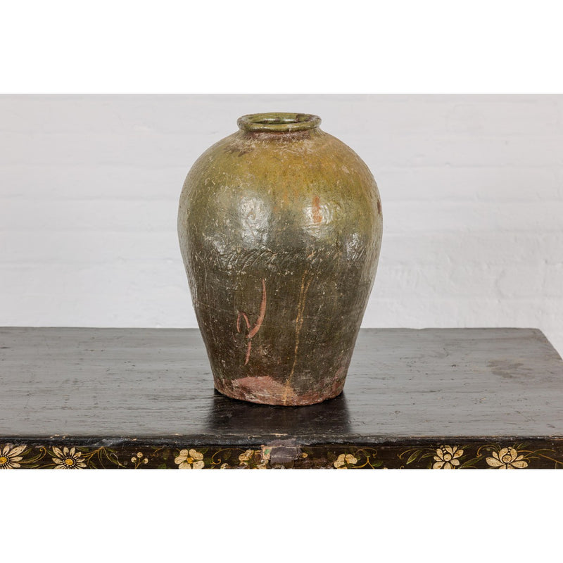 Rustic Brownish Green Glazed Ceramic Vase - Country Collection-YN7809-13. Asian & Chinese Furniture, Art, Antiques, Vintage Home Décor for sale at FEA Home