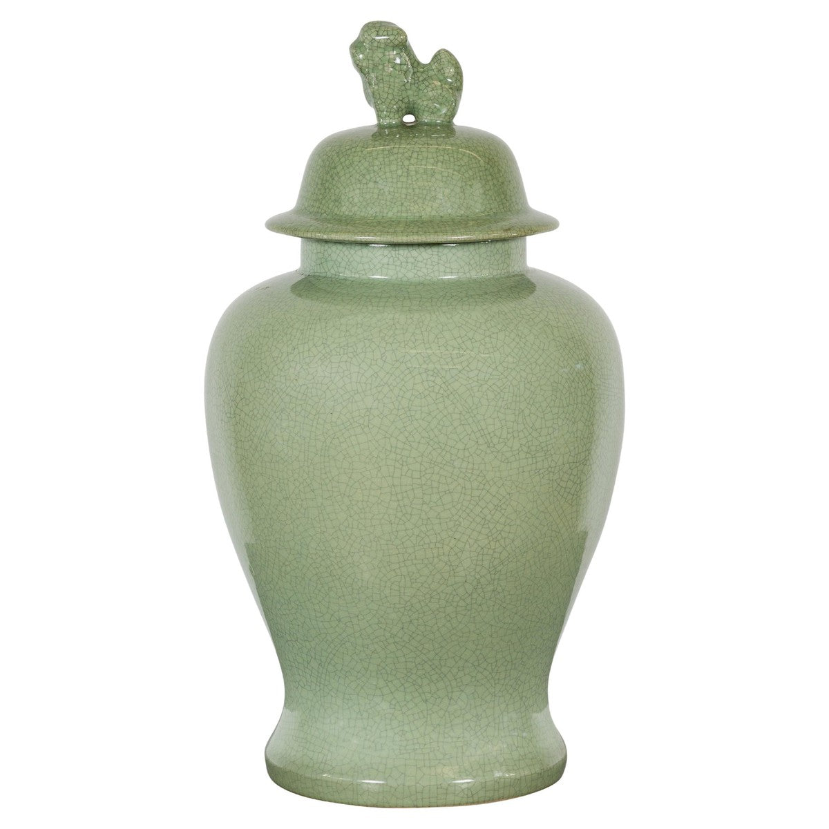 Crackle Green Celadon Lidded Vase with Stylized Foo Dog Finial-1. Asian & Chinese Furniture, Art, Antiques, Vintage Home Décor for sale at FEA Home