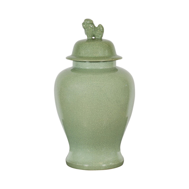 Crackle Green Celadon Lidded Vase with Stylized Foo Dog Finial-YN7813-16. Asian & Chinese Furniture, Art, Antiques, Vintage Home Décor for sale at FEA Home