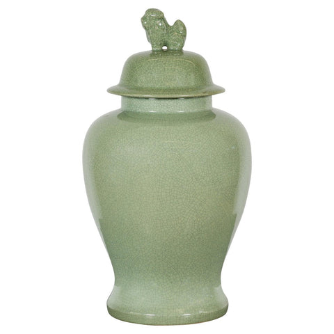 Crackle Green Celadon Lidded Vase with Stylized Foo Dog Finial-YN7813-1. Asian & Chinese Furniture, Art, Antiques, Vintage Home Décor for sale at FEA Home