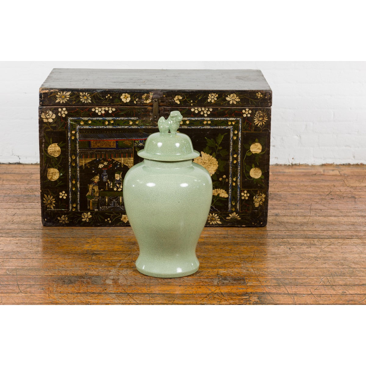 Crackle Green Celadon Lidded Vase with Stylized Foo Dog Finial-2. Asian & Chinese Furniture, Art, Antiques, Vintage Home Décor for sale at FEA Home