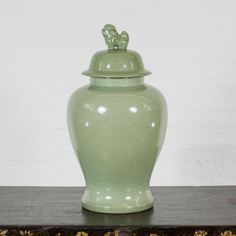 Crackle Green Celadon Lidded Vase with Stylized Foo Dog Finial-YN7813-3. Asian & Chinese Furniture, Art, Antiques, Vintage Home Décor for sale at FEA Home