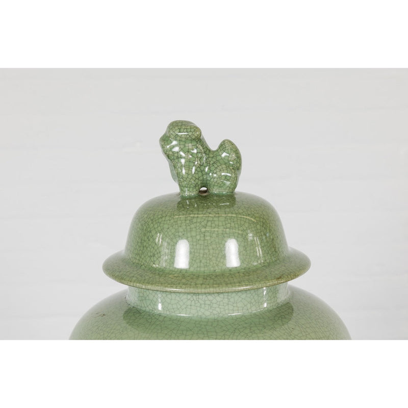 Crackle Green Celadon Lidded Vase with Stylized Foo Dog Finial-YN7813-4. Asian & Chinese Furniture, Art, Antiques, Vintage Home Décor for sale at FEA Home