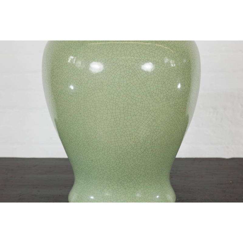 Crackle Green Celadon Lidded Vase with Stylized Foo Dog Finial-YN7813-6. Asian & Chinese Furniture, Art, Antiques, Vintage Home Décor for sale at FEA Home
