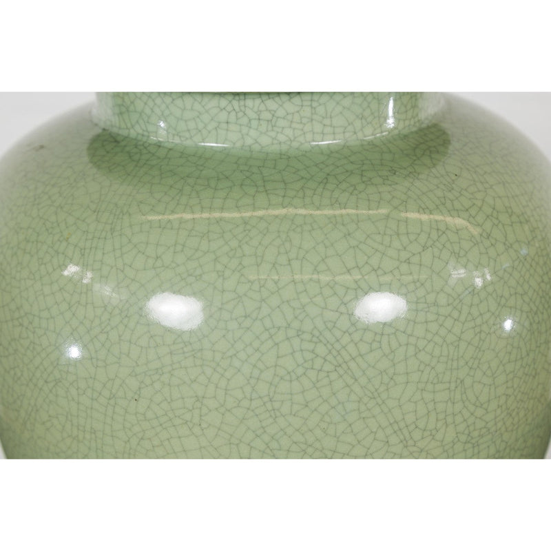 Crackle Green Celadon Lidded Vase with Stylized Foo Dog Finial-YN7813-8. Asian & Chinese Furniture, Art, Antiques, Vintage Home Décor for sale at FEA Home