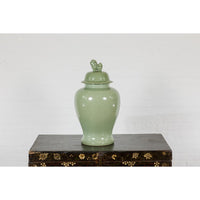 Crackle Green Celadon Lidded Vase with Stylized Foo Dog Finial