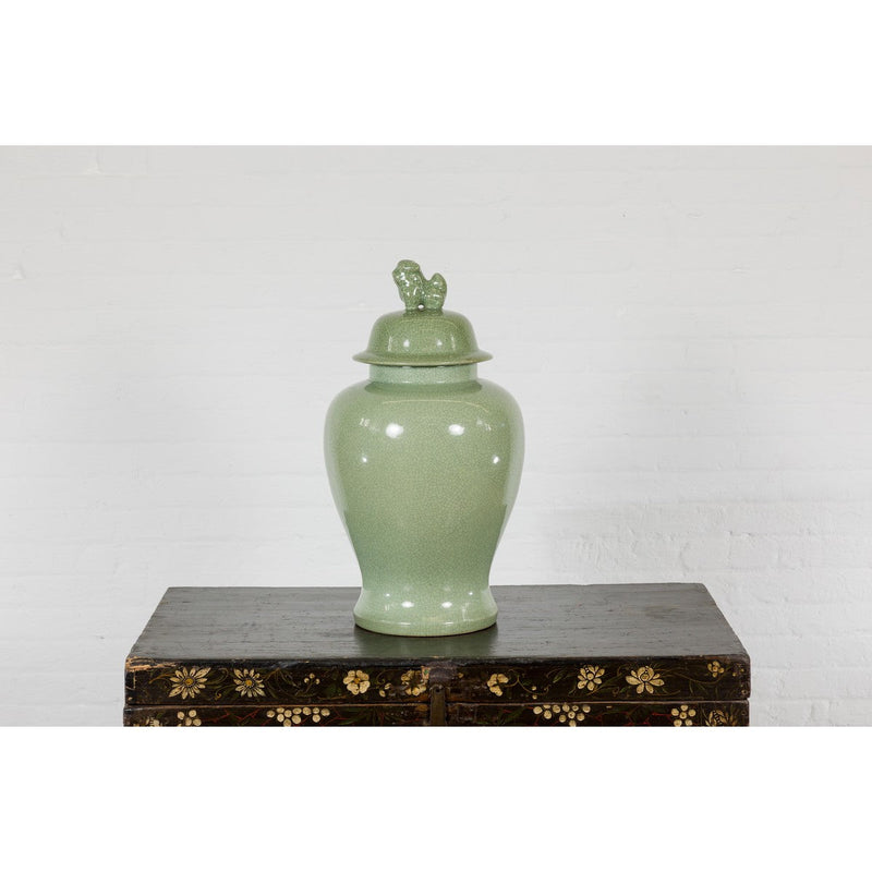 Crackle Green Celadon Lidded Vase with Foo Dog Finial | FEA Home