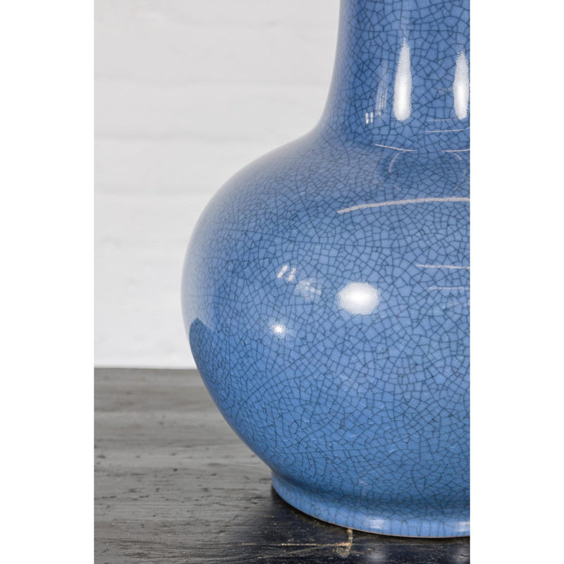 Vintage Minimalist Crackle Blue Vase with Generous Rounded Silhouette-YN7815-10. Asian & Chinese Furniture, Art, Antiques, Vintage Home Décor for sale at FEA Home
