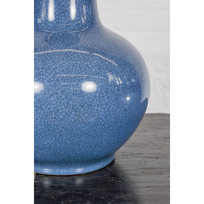 Vintage Minimalist Crackle Blue Vase with Generous Rounded Silhouette-YN7815-11. Asian & Chinese Furniture, Art, Antiques, Vintage Home Décor for sale at FEA Home