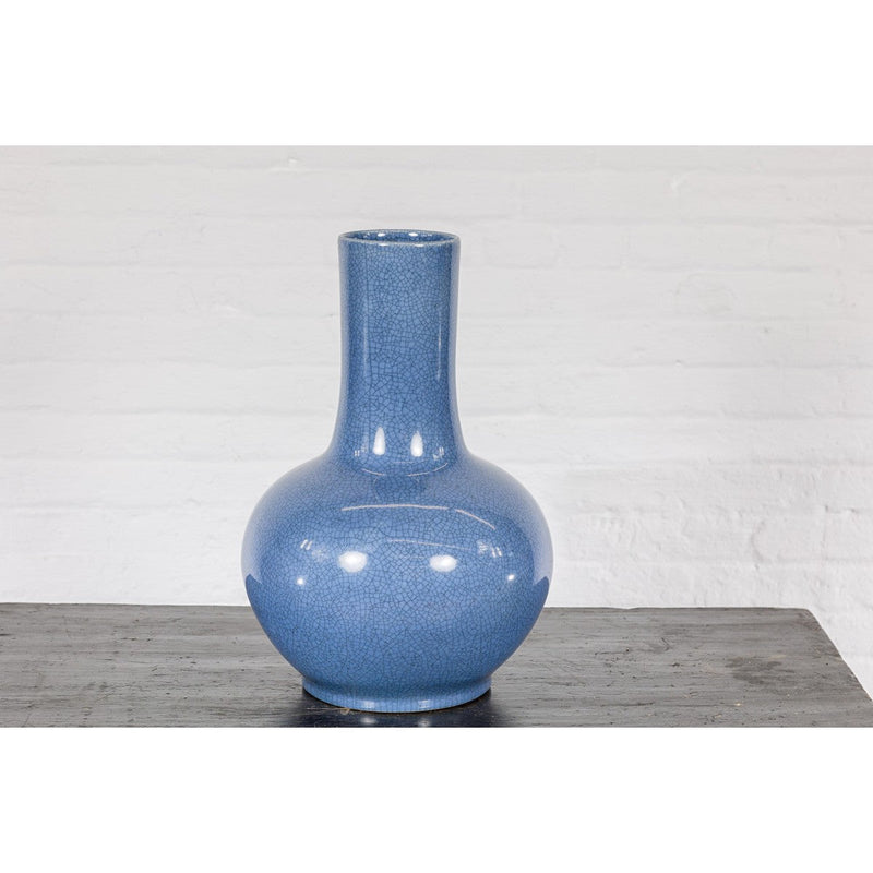 Vintage Minimalist Crackle Blue Vase with Generous Rounded Silhouette-YN7815-14. Asian & Chinese Furniture, Art, Antiques, Vintage Home Décor for sale at FEA Home