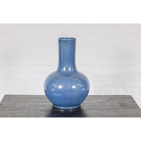 Vintage Minimalist Crackle Blue Vase with Generous Rounded Silhouette-YN7815-15. Asian & Chinese Furniture, Art, Antiques, Vintage Home Décor for sale at FEA Home