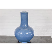 Vintage Minimalist Crackle Blue Vase with Generous Rounded Silhouette