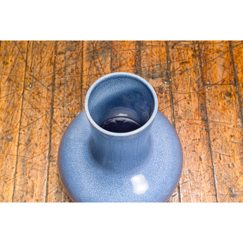 Vintage Minimalist Crackle Blue Vase with Generous Rounded Silhouette-YN7815-17. Asian & Chinese Furniture, Art, Antiques, Vintage Home Décor for sale at FEA Home