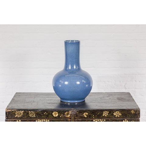 Vintage Minimalist Crackle Blue Vase with Generous Rounded Silhouette-YN7815-3. Asian & Chinese Furniture, Art, Antiques, Vintage Home Décor for sale at FEA Home